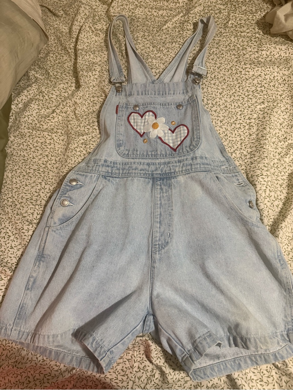 Vintage Light Blue Denim Girls' Short Overalls with Heart & Daisy Applique